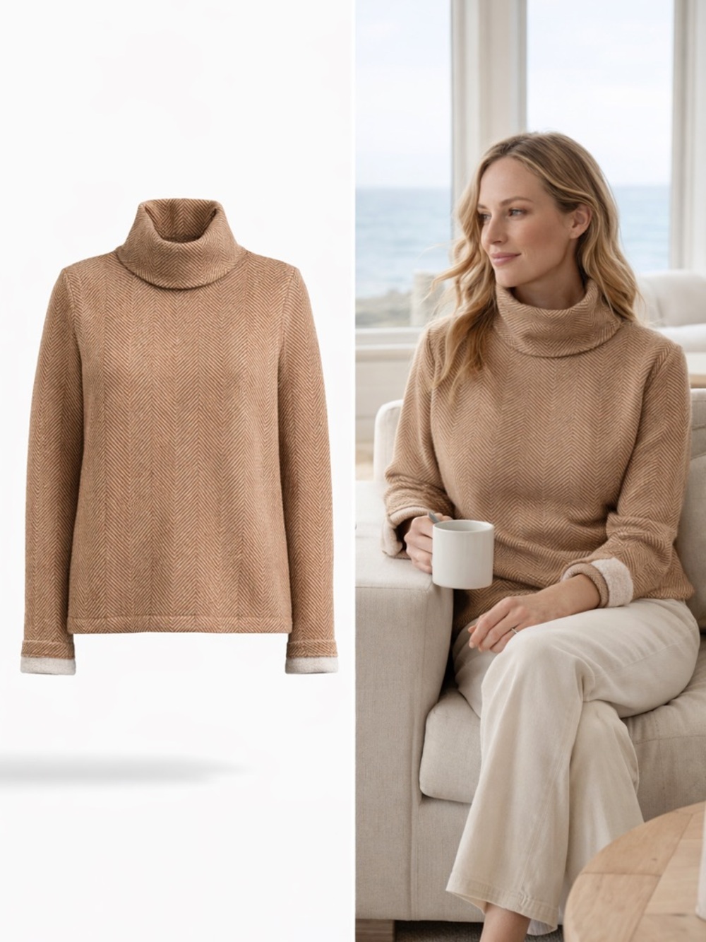 J.Crew Camel Herringbone Funnel Neck Fleece Lined Cozy Sweater Top Sz Small NWOT